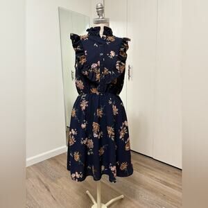 Oscar-ST Woman's Floral Ruffle Navy Button Down Sleeveless Mini Dress Small
